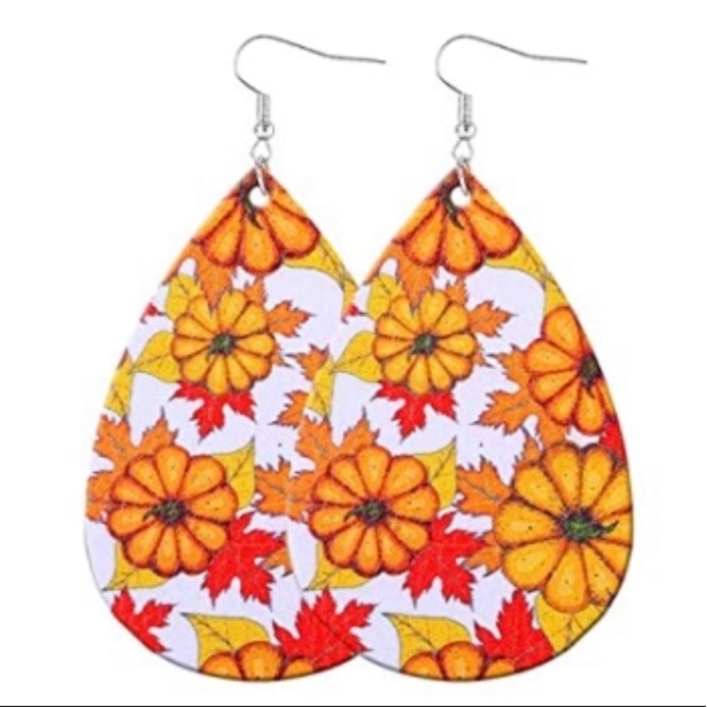Fall/Autumn Pumpkin & leaves festive multicolor faux leather earrings